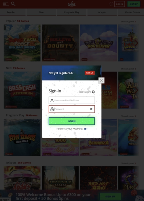 Player authentication entry point Barz Casino