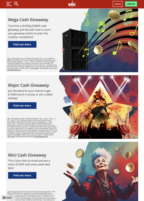 Special rewards program display Barz Casino