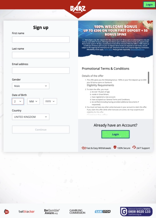 Quick player registration form Barz Casino
